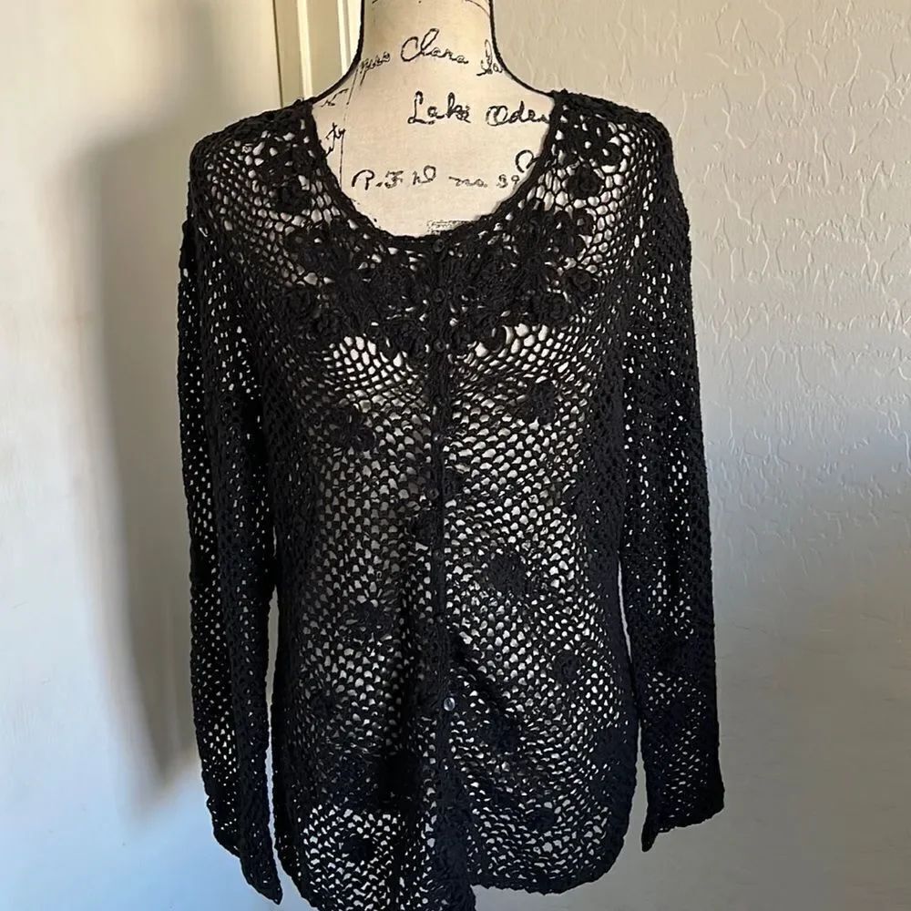 Y2K Casual Corner Black Knit Crochet Sheer Button Closure Cardigan Sweater